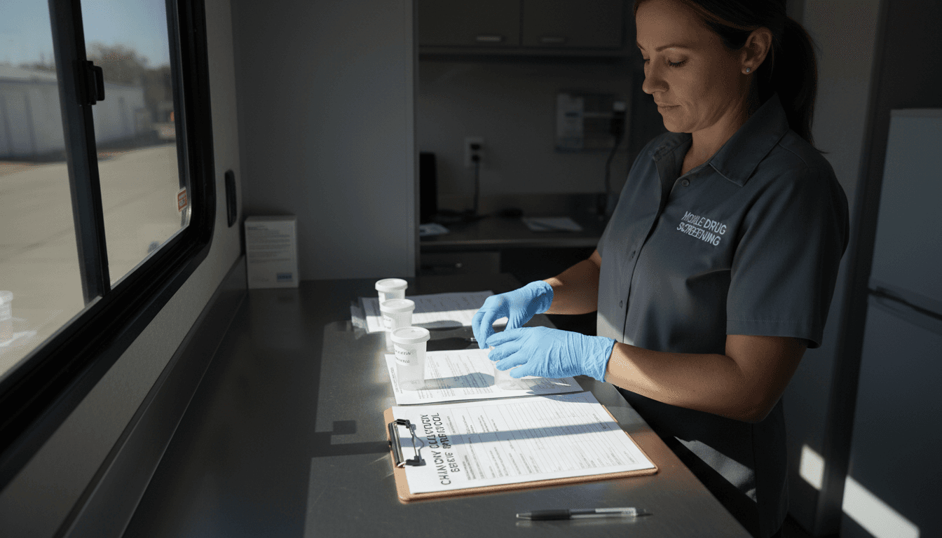 Certified technician preparing drug testing equipment in mobile collection unit