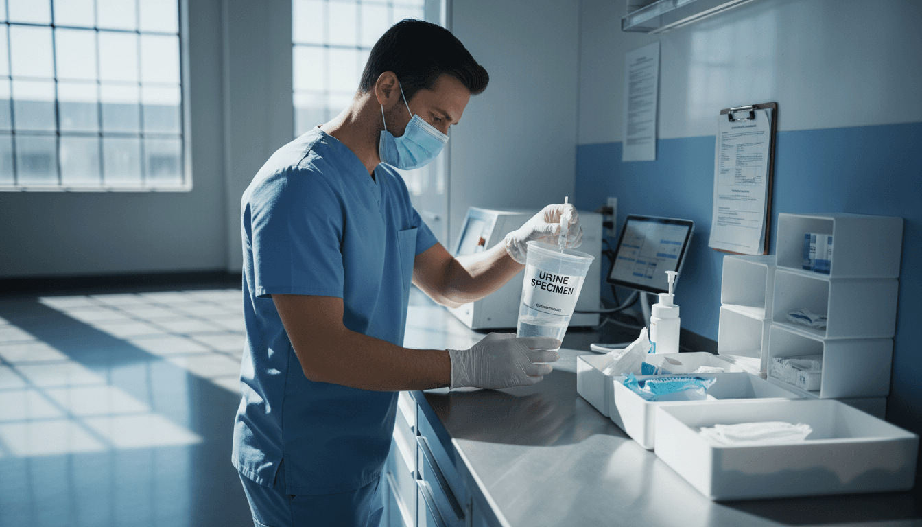 Professional healthcare technician collecting DOT-compliant urine specimen